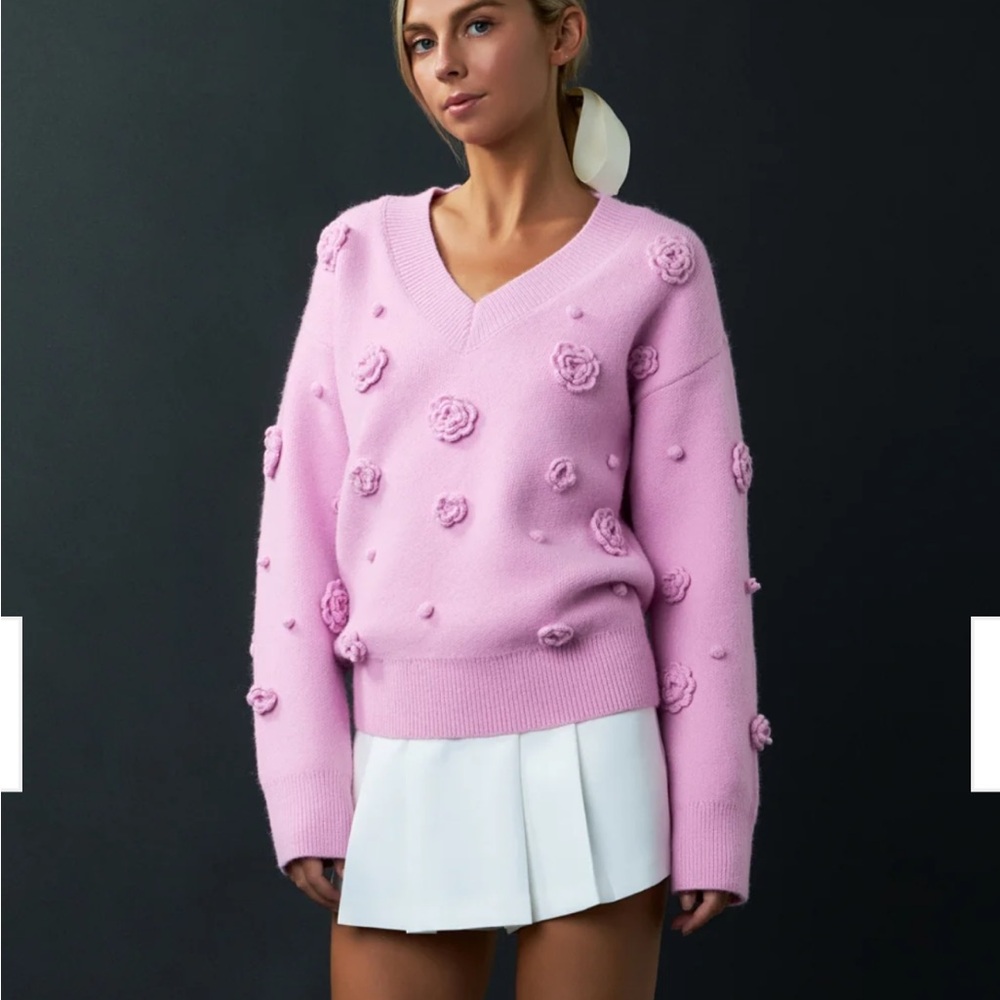 English Factory Women's 3D Flower V-Neck Sweater